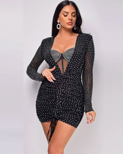 Sexy diamond drawstring see-through elastic slim dress