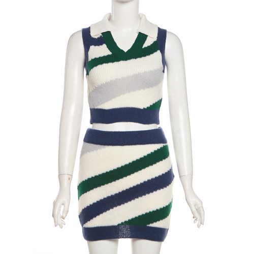 Sexy Casual Knitted High Waist Contrast Color Top Slim Skirt Set