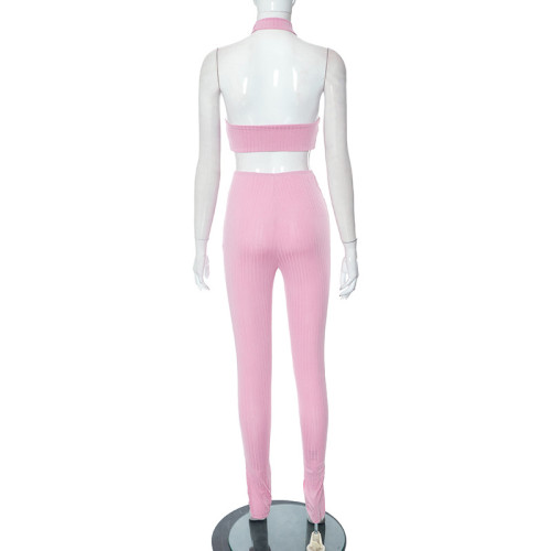 Solid color halterneck top and trousers casual set