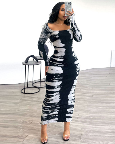 Sexy elastic printed bodycon dress with slits back