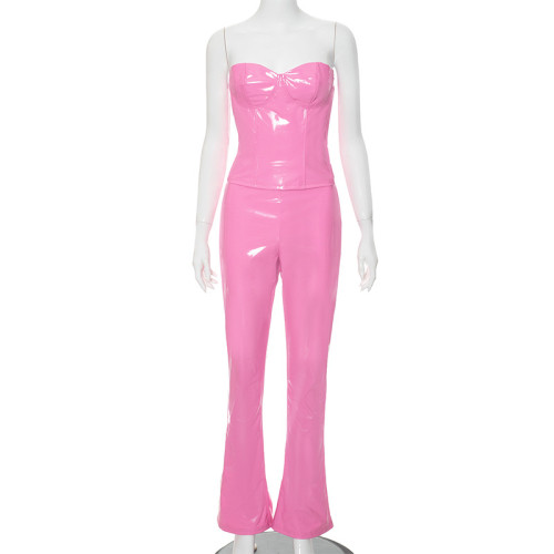 Solid color leather herringbone patchwork top and bootcut trousers two-piece set