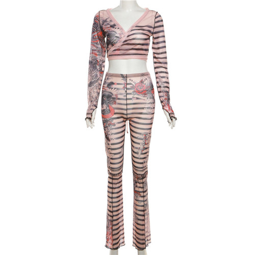 Sexy mesh print lace-up top and high-waisted skinny pants set