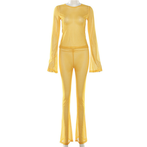 Slim-fitting see-through short top high waist casual trousers set