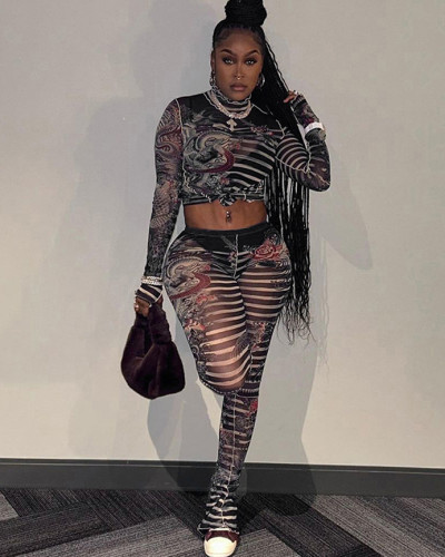 Sexy mesh see-through printed slim top high waist casual trousers set