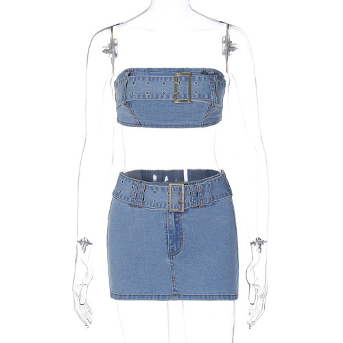 Fashionable sexy denim tube top slim skirt set