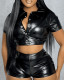 Buttoned short-sleeved faux leather shirt shorts set