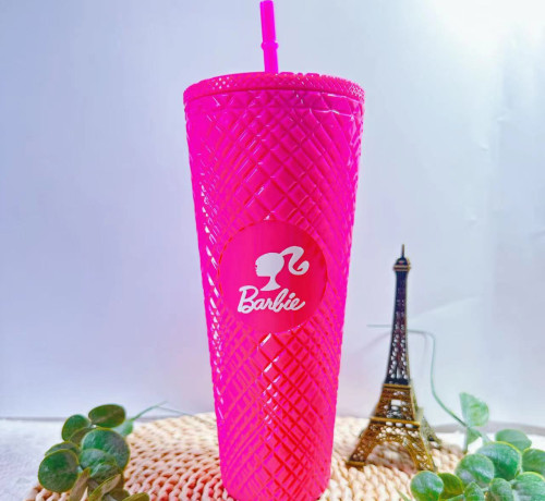 (2PCS) Diamond lattice cup double-layer plastic cup durian cup straw cup 710ml