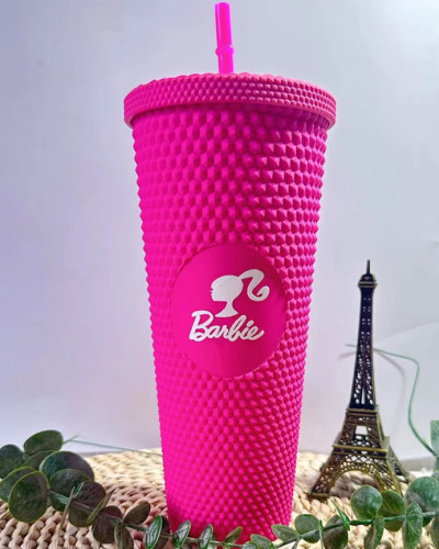 (2PCS) Diamond lattice cup double-layer plastic cup durian cup straw cup 710ml