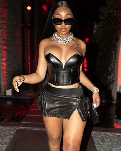 Fashionable PU leather sexy high waist slit skirt set