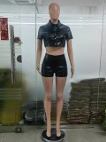 Buttoned short-sleeved faux leather shirt shorts set