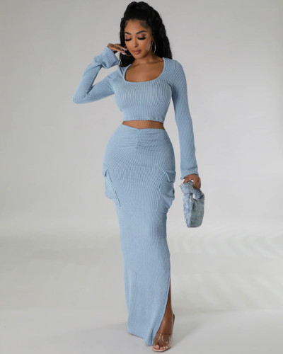 U-neck tight crop top, high waist slit, hip-covering long skirt, two-piece set