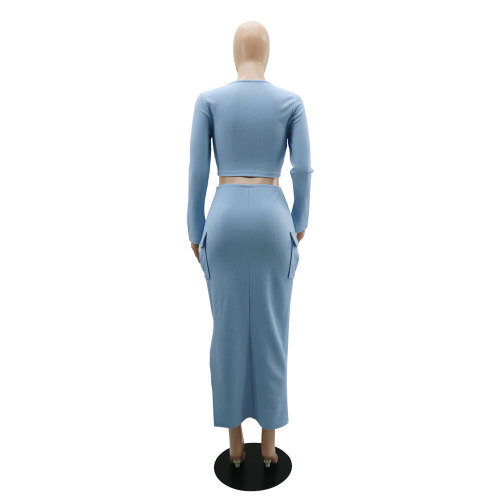 U-neck tight crop top, high waist slit, hip-covering long skirt, two-piece set