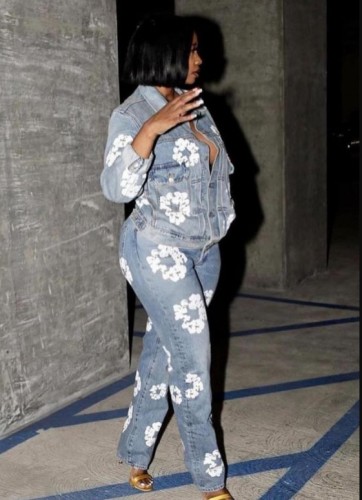 Unisex denim suit printed pattern two piece set
