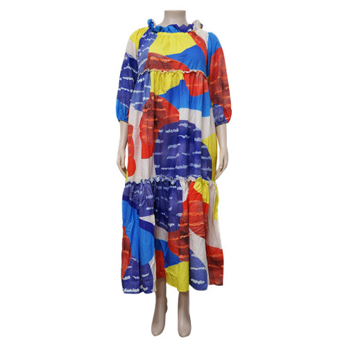 Retro Color Block Printed Plus Size Women's Swing Dress