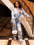 Unisex denim suit printed pattern two piece set