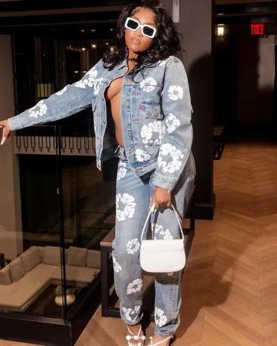 Unisex denim suit printed pattern two piece set