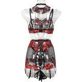 Floral embroidery sexy strappy skirt underwear sexy four-piece set