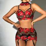 Floral embroidery sexy strappy skirt underwear sexy four-piece set