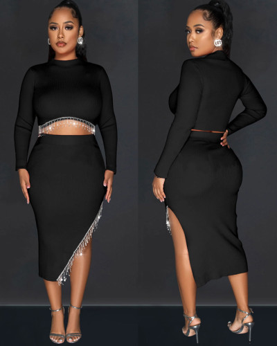 Fashion women's solid color long-sleeved crop top skirt two-piece set