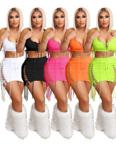 Summer casual sexy solid color lace-up sleeveless two-piece set
