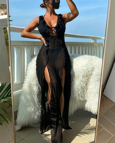 Three-piece halter neck sexy mesh transparent bikini swimsuit