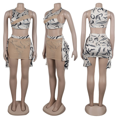 Sexy Printed See-Through Three-Piece Set