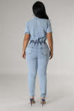 Elastic waist slim fit stretch washed denim jumpsuit