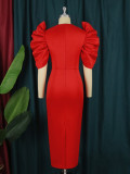 Large Size Hollow Pleated Solid Color High Waist Banquet Event Evening Dress