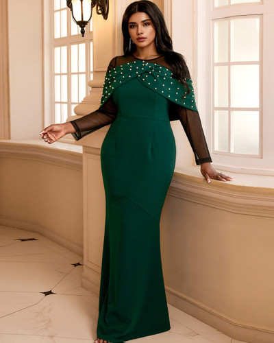 See-through sleeves Party evening beaded high-waisted long evening Elegant dress