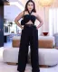 Fashion women's sleeveless sexy strappy top elastic waist loose trousers two-piece set