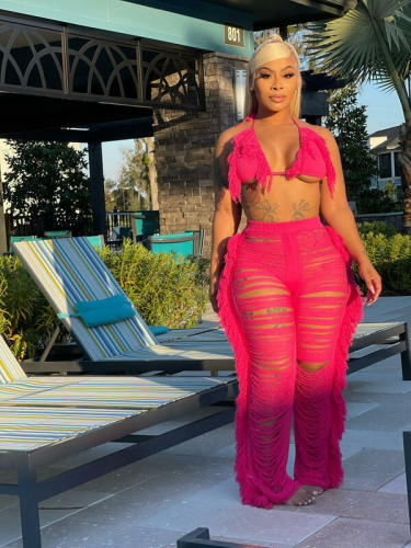 2024 new summer women's sexy tassel knitted pants suit