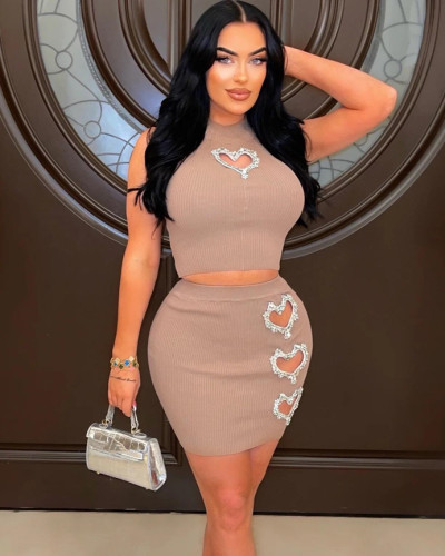 2024 Summer Solid Color Ribbed Sleeveless Sexy Love Decorative Skirt Set