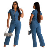 Fashionable denim short sleeve wide leg jumpsuit