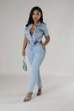 Elastic waist slim fit stretch washed denim jumpsuit