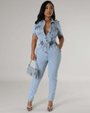Elastic waist slim fit stretch washed denim jumpsuit