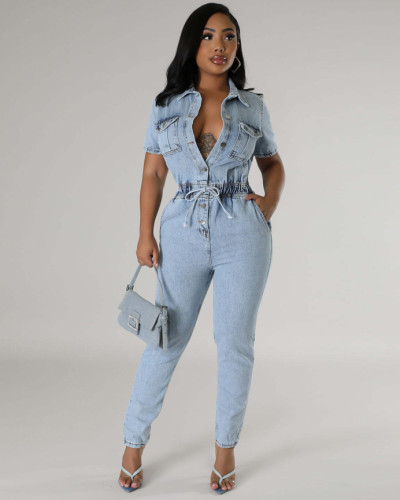 Elastic waist slim fit stretch washed denim jumpsuit
