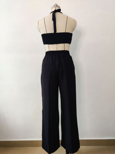 Fashion women's sleeveless sexy strappy top elastic waist loose trousers two-piece set