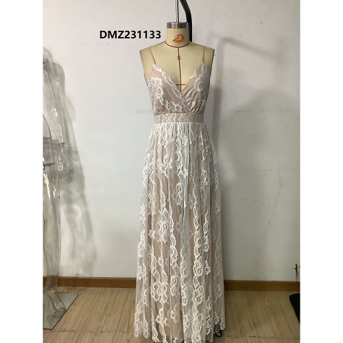 Hot summer trend fashionable elegant deep V backless mesh wedding dress, long suspender dress