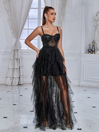 New spring and summer women's sexy fashion style dress butterfly sequin splicing mesh evening dress