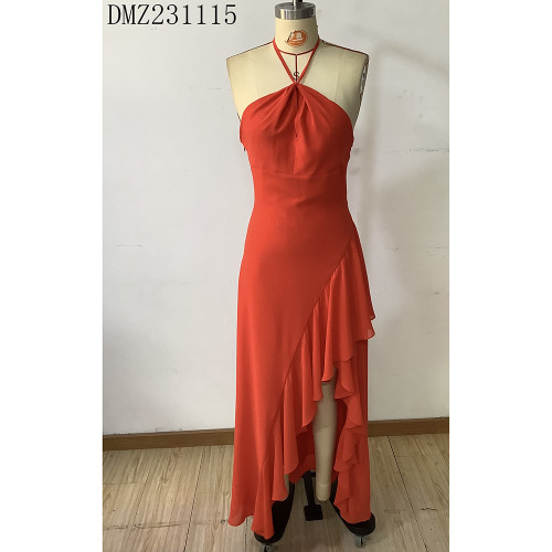Spring and summer new style fashionable and elegant halter neck tube backless sleeveless slit ruffle long dress