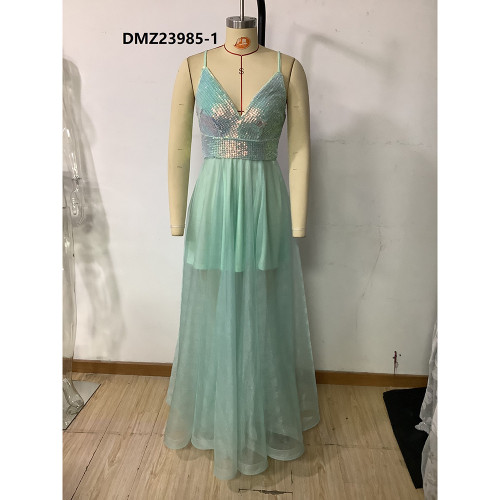 Summer elegant dress sequin splicing banquet suspender long evening dress