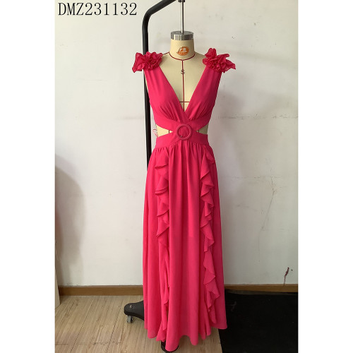 Spring and summer new sexy fashion style dress deep V hollow large hem ruffled long dress