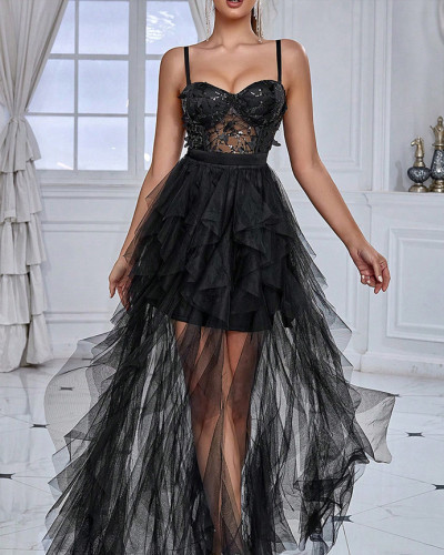 New spring and summer women's sexy fashion style dress butterfly sequin splicing mesh evening dress
