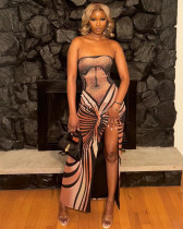 2024 new summer fashion printed sleeveless tube sexy slit high waist dress