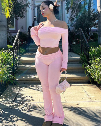 One-shoulder long-sleeved tops and flared trousers two-piece set 2024 spring women's new fashion casual set