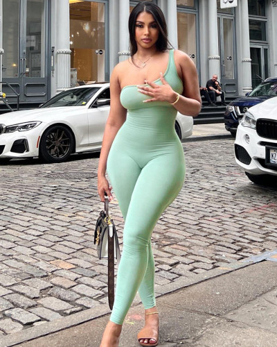New solid color one shoulder slim fit sports fitness jumpsuit
