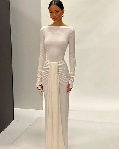 New solid color long sleeve pleated patchwork elegant long skirt and high waist dress