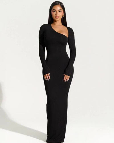 New sexy hot slimming long-sleeved slope neck back slit evening dress