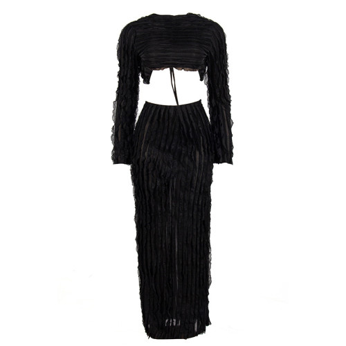 New solid color round neck long sleeve crop top sheath long skirt women's set