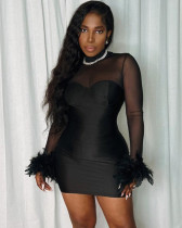 Solid color long-sleeved sexy mesh splicing feather bodycon short slim dress